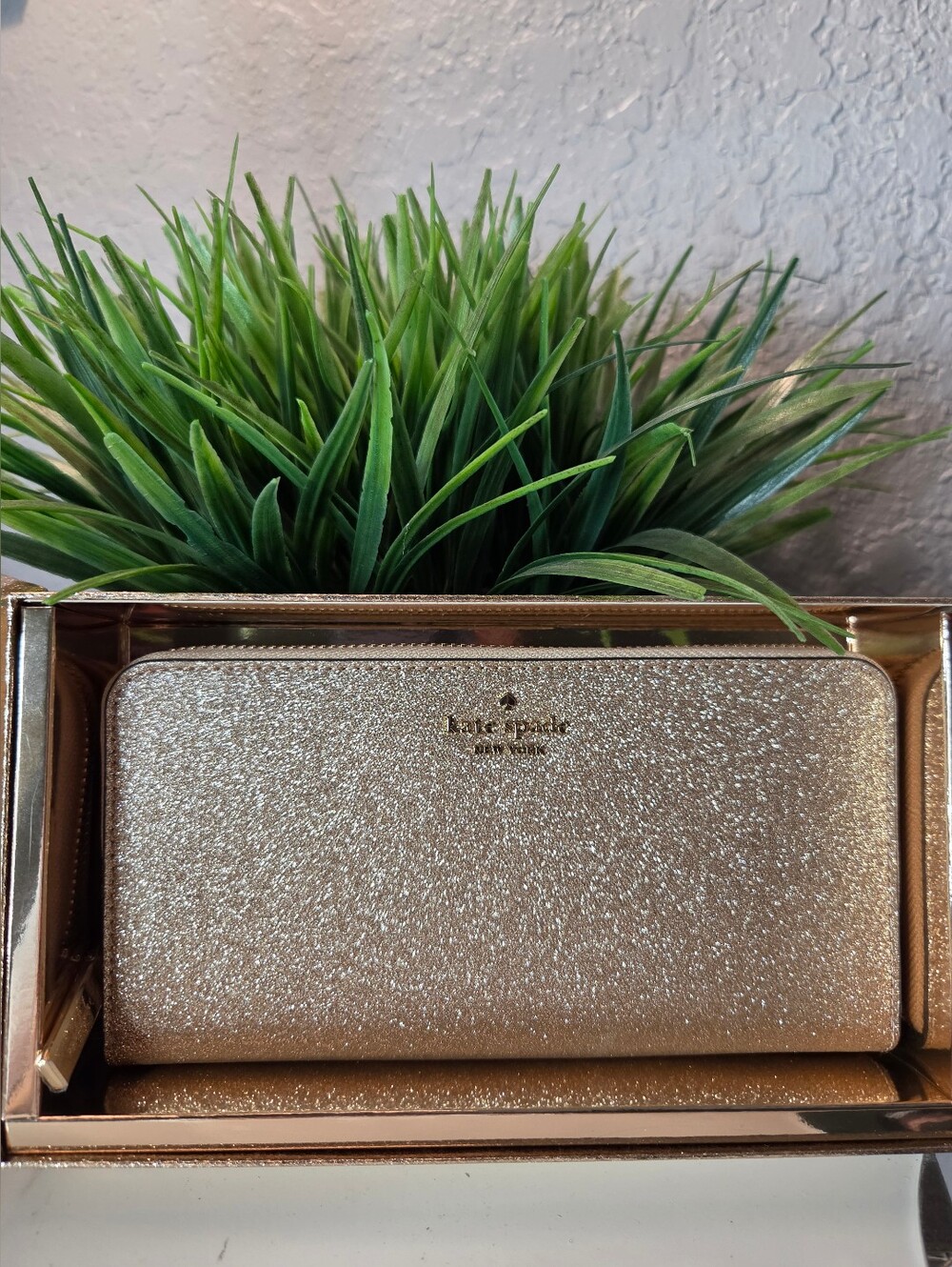 Kate Spade Gold Glitter Zip-Around Wallet With Box